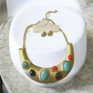 Gold Collar Necklace with Turquoise & Coral Stones - 5 in 1 Mixed #1007